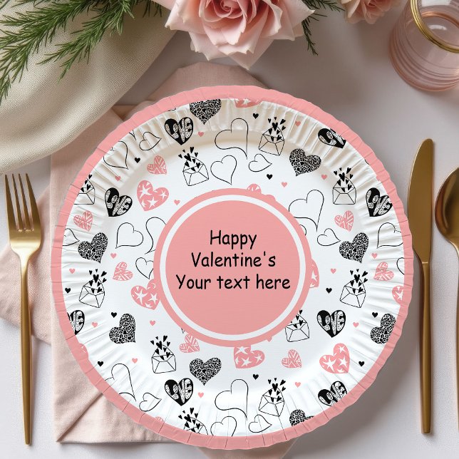 Chic Personalized Pink Black Hearts Cute Valentine Paper Plate (Personalized Pink Black Hearts Cute Valentine Plates

)