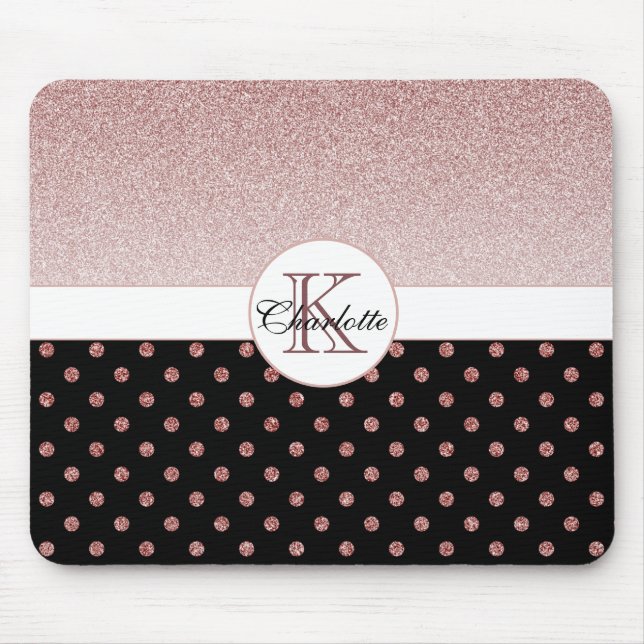 Chic Personalized Rose Gold Glitter Polka Dot Name Mouse Pad (Front)