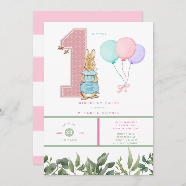 Chic Peter Rabbit Girl 1st Birthday Party  Invitation (Front/Back)
