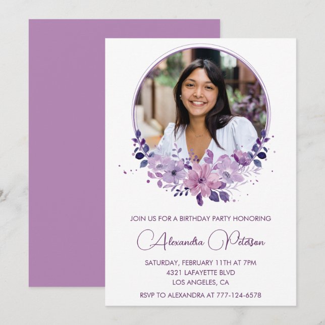 Chic Photo 24th birthday invitation Floral Purple (Front/Back)
