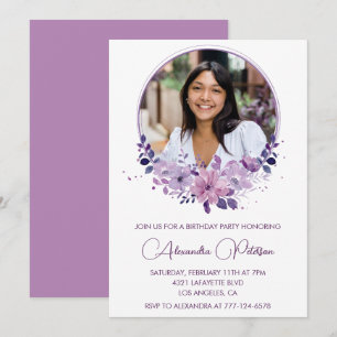 Chic Photo 26th birthday invitation Floral Purple