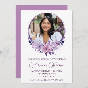 Chic Photo 28th birthday invitation Floral Purple