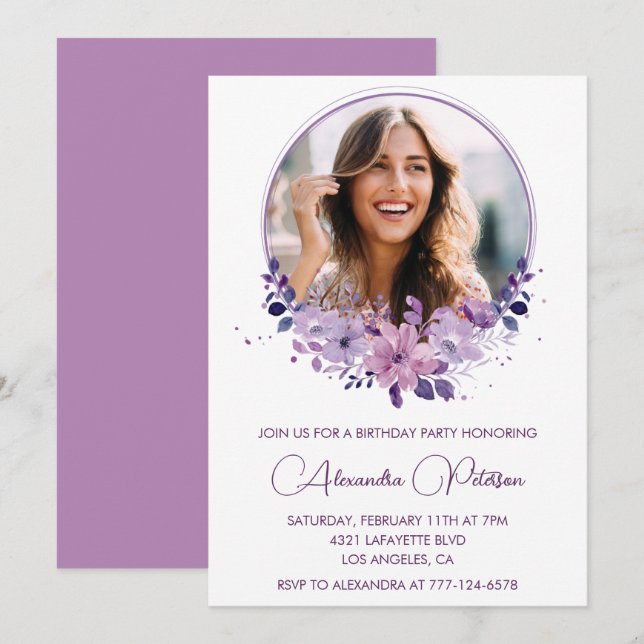 Chic Photo 42nd birthday invitation Floral Purple (Front/Back)