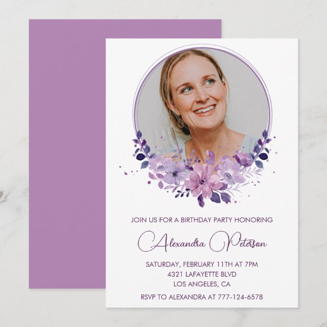 Chic Photo 51st birthday invitation Floral Purple (Front/Back)