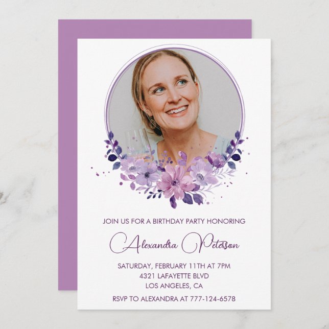 Chic Photo 54th birthday invitation Floral Purple (Front/Back)
