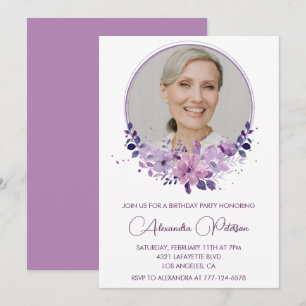 Chic Photo 78th birthday invitation Floral Purple