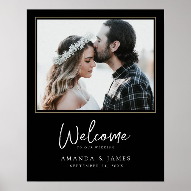 Chic Photo Black, White and Gold Wedding Welcome Poster (Front)