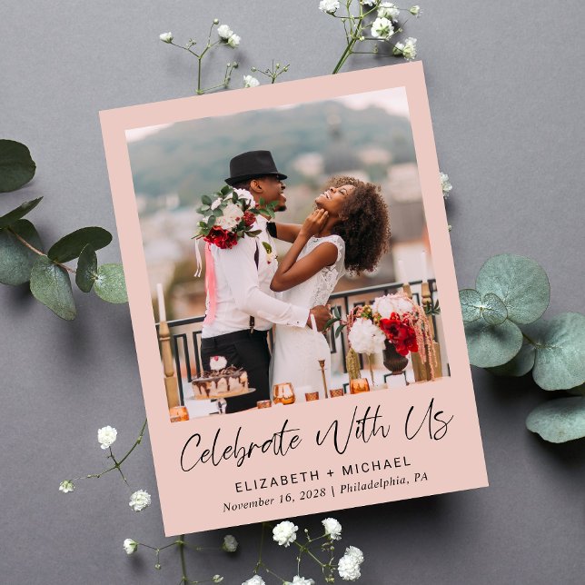Chic Photo Blush Pink Wedding Reception Invitation Postcard (Creator Uploaded)