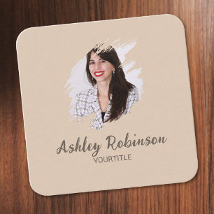 Chic photo boho earthy pastel soft beige QR code Square Business Card