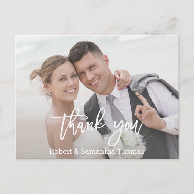 Chic Photo Calligraphy Wedding Thank You Postcard (Front)