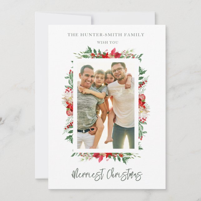 Chic Photo Classic Merriest Christmas Poinsettias Holiday Card (Front)