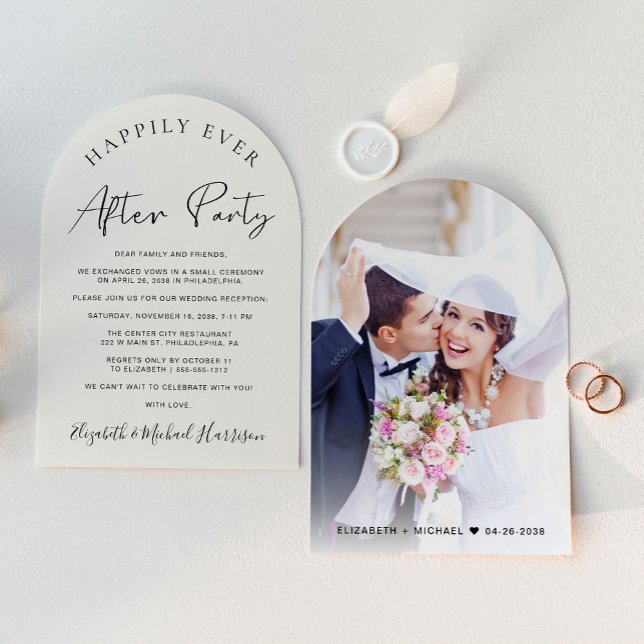Chic Photo Cream Arch Wedding Reception Invitation (An chic Happily Ever After Party arch photo invitation for your wedding reception)