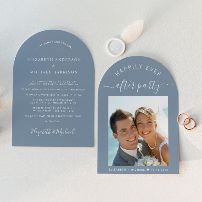 Chic Photo Dusty Blue Arch Wedding Reception Invitation (Creator Uploaded)