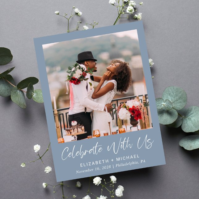 Chic Photo Dusty Blue Wedding Reception Invitation Postcard (Creator Uploaded)