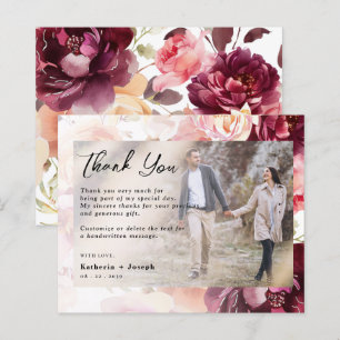 Chic Photo Floral Burgundy wedding Thank you cards