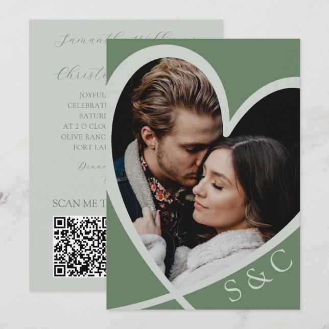 Chic Photo Heart Sage Green Wedding Invitation (Front/Back)