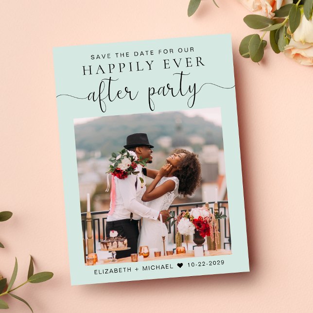 Chic Photo Mint Wedding Reception Save the Date Announcement Postcard (A stylish save the date announcement for a reception to celebrate your elopement or private wedding)