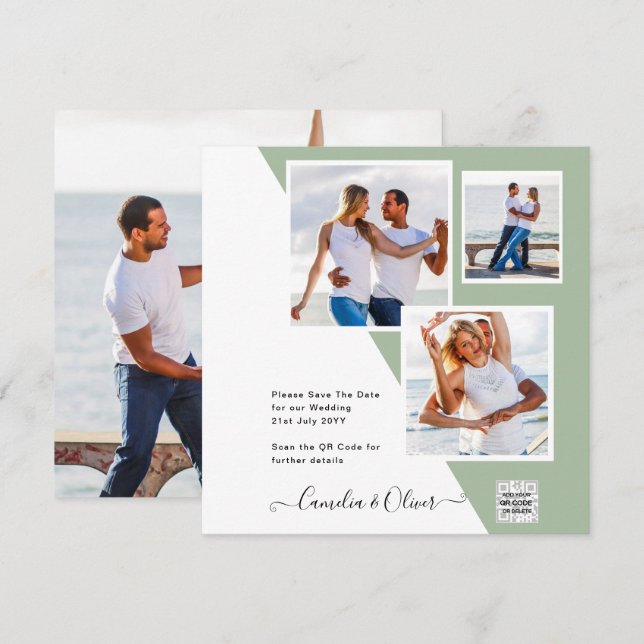 Chic Photo Wedding Invite QR Code Save Date Green (Front/Back)
