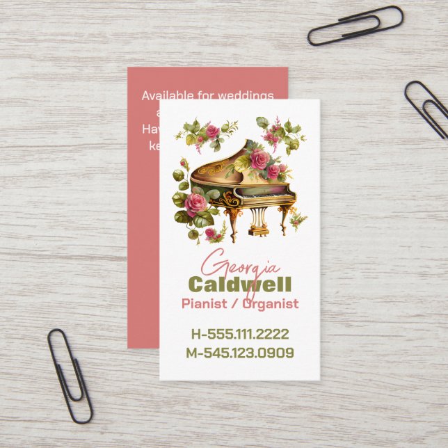 Chic Pianist Watercolor Art Business Card (Front/Back In Situ)