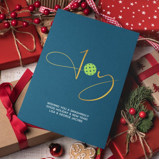 Chic Pickleball "Joy" Blue Christmas Holiday Card (Creator Uploaded)