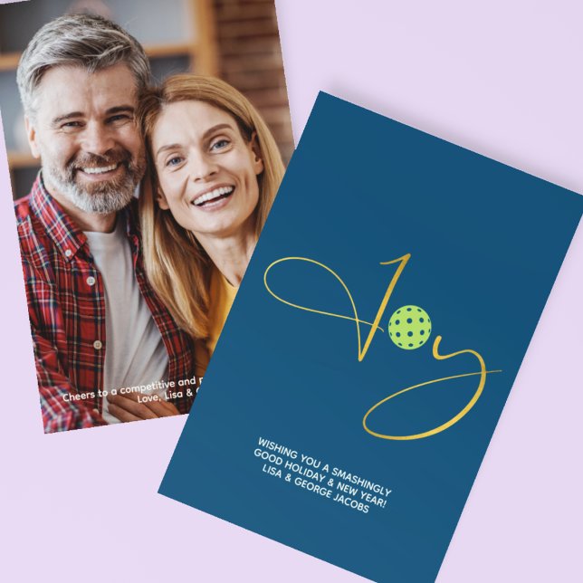 Chic Pickleball "Joy" Blue Christmas Photo Holiday Card (Creator Uploaded)