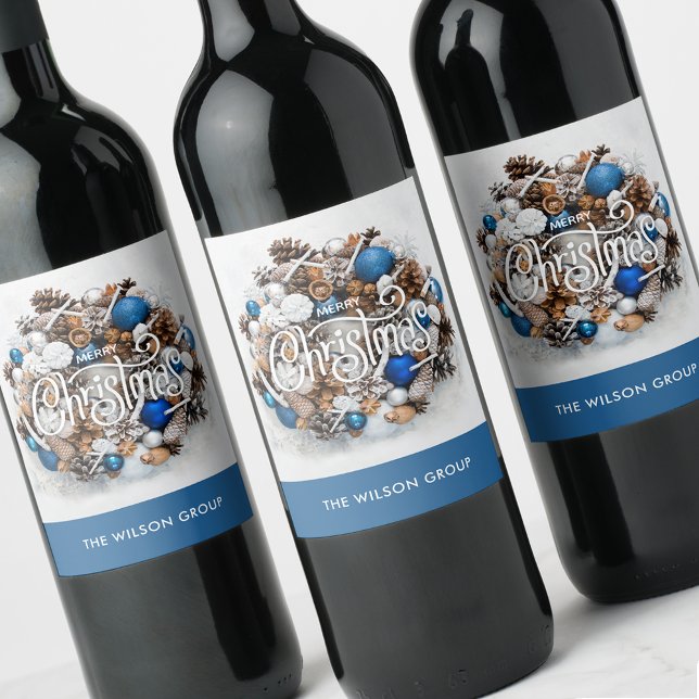 Chic Pine Wreath Business Christmas Gift Wine Label (Pine Christmas wreath business gift personalized wine bottle labels)