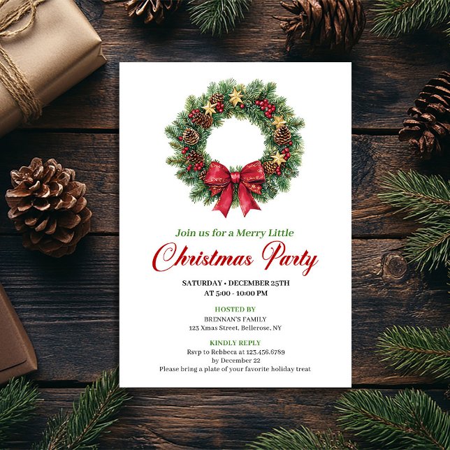 Chic Pine Wreath Festive Christmas Party Invite (Chic Pine Wreath Festive Christmas Party Invite)