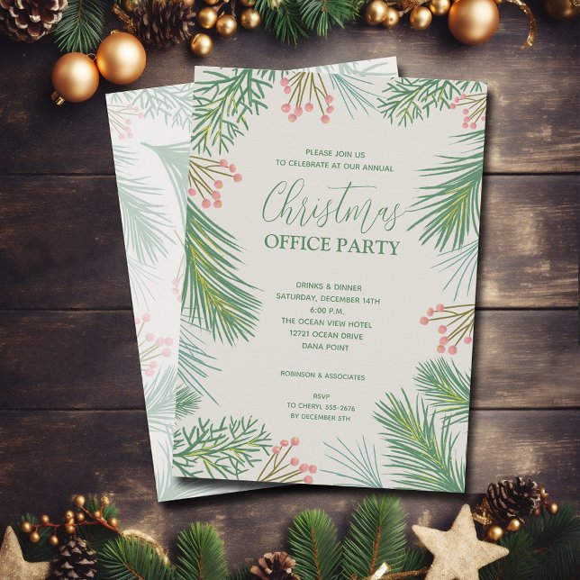 Chic Pines and Berries Christmas Party Invitation (Chic pine branches and berries Christmas party invitations)