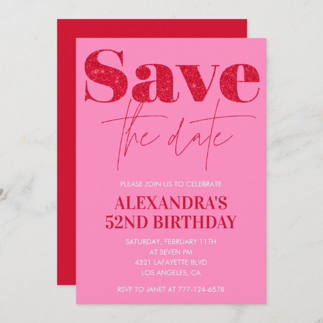 Chic Pink 52nd birthday invitations Save the date  (Front/Back)