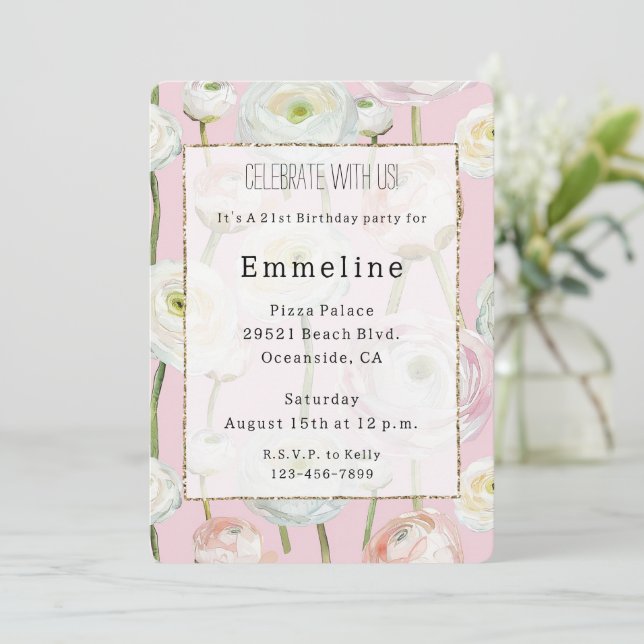 Chic Pink Abstract Floral Birthday   Invitation (Standing Front)