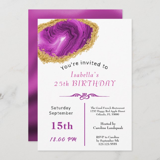 Chic Pink Agate Gold Gilded for Birthday Invitation (Front/Back)