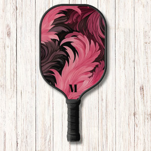 Chic Pink and Black Feathers Leaf Modern Monogram Pickleball Paddle