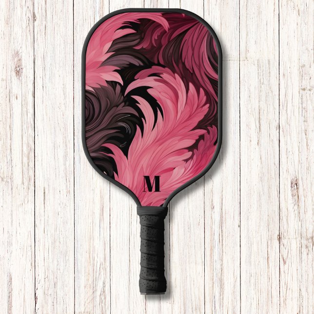 Chic Pink and Black Feathers Leaf Modern Monogram Pickleball Paddle (Creator Uploaded)