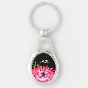 Chic Pink and Black Floral With Monogram Initials Key Ring