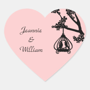 Chic Pink and Black Love Birds Heart Sticker