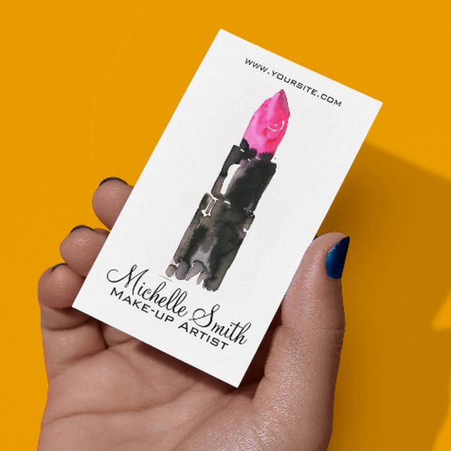 Chic pink and black watercolor lipstick Makeup  Business Card (Creator Uploaded)