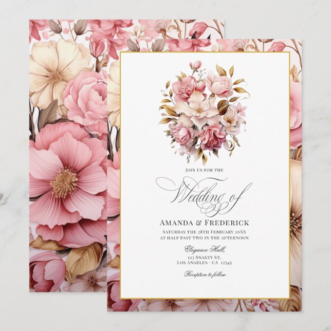 Chic Pink and Gold Floral Design Invitation (Front/Back)