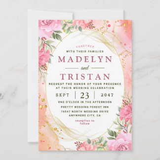 Chic Pink and Gold Floral Photo Wedding Invitation