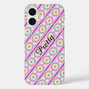 Chic Pink and Gold Geometric Floral Pattern iPhone 16 Case