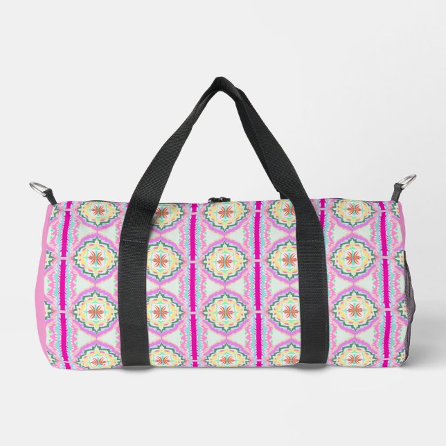 Chic Pink and Gold Geometric Floral Pattern Duffle Bag (Front)