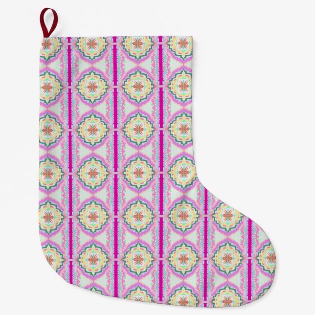 Chic Pink and Gold Geometric Floral Pattern Large Christmas Stocking (Front)
