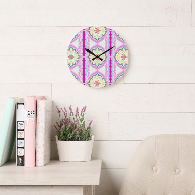 Chic Pink and Gold Geometric Floral Pattern Large Clock (Reading Room)
