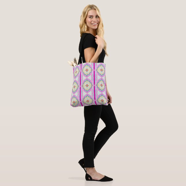 Chic Pink and Gold Geometric Floral Pattern Tote Bag (On Model)