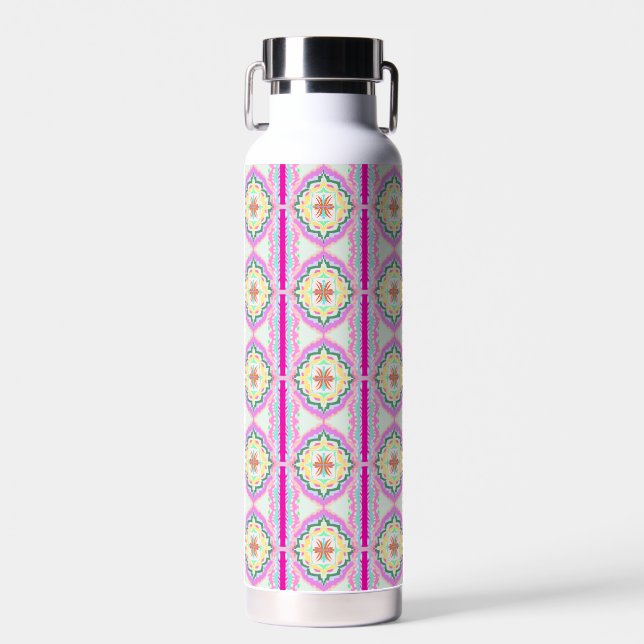 Chic Pink and Gold Geometric Floral Pattern Water Bottle (Front)