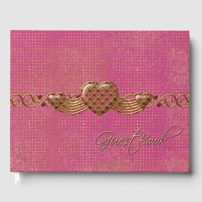 Chic Pink and Gold Hearts Wedding Guest Book (Front)