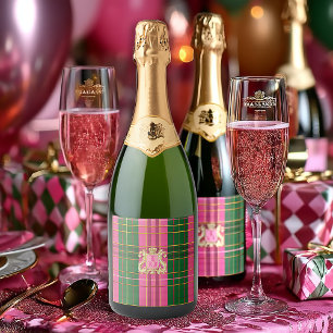 Chic Pink and Green Plaid Monogram Wine Bottle Sparkling Wine Label