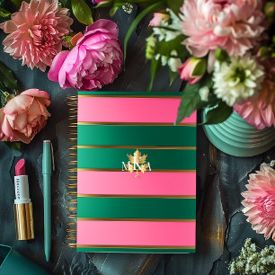 Chic Pink and Green Striped Notebook