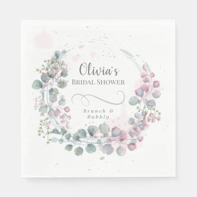 Chic Pink and Green Watercolor Eucalyptus Napkin (Front)