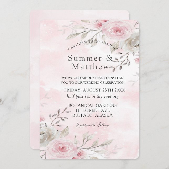 Chic Pink and Grey Watercolor Peony Rustic Wedding Invitation (Front/Back)