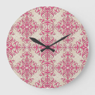 Chic Pink and Off White Floral Damask Pattern Large Clock